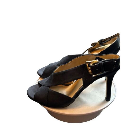 Michael Kors 6M Women's Black Suede Peep-Toe Slingback Heels With Gold Buckle - Picture 8 of 13